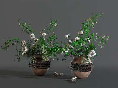 现代陶罐花瓶插花组合3D模型下载